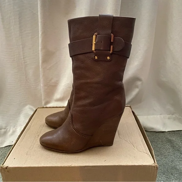 Chloe Prince Paddington Leather Wedge Calf Boots 39 8 8.5 Shoes Brown - Picture 3 of 9